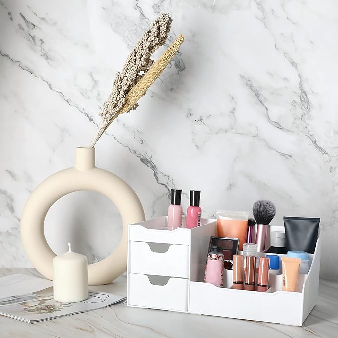 Mantello Cosmetic Storage Organizer - Sitting on Your Vanity, Bathroom Counter or Dresser - Easily Organize Your Cosmetics, Jewelry, Hair Accessories (White)