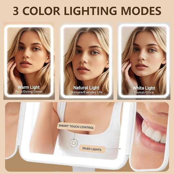 LED Foldable Makeup Mirror with 1x/2x/3x Magnification, 3 Color Lighting Modes, Touch Control Dimmable Vanity Mirror, Rechargeable Cosmetic Mirror for Travel & Home (Small)