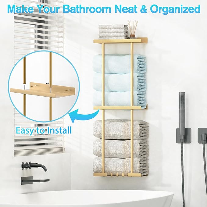 Liuoud Towel Rack for Bathroom, Wall Mounted Vertical Rolled Towel Storage Organizer Holder with Shelf, Holds Up 6 Large Bath Sheets, Gold Large Size