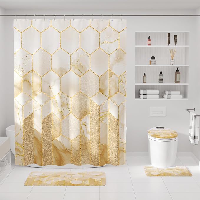 XLHOMO Bathroom Sets with Shower Curtain and Rugs - 4PC Beige Geometric Shower Curtain Set with 12 Hooks, Toilet Cover, U-Shaped Mat and Rugs Modern Abstract Bathroom Accessories for Bathroom