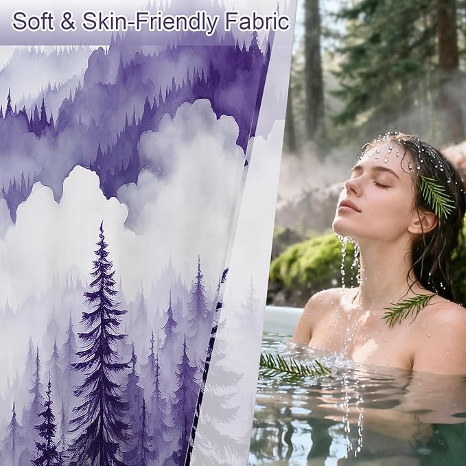 Purple Long Misty Pine Forest Shower Curtain 72 x 78, Mountain Foggy Woodland Scenery Tree 78 Inch Long Shower Curtains for Bathroom, Abstract Waterproof Nature-Themed Decor