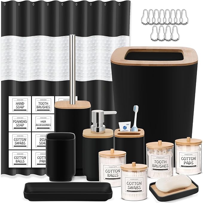 Bathroom Accessories Set,Black Bathroom Set,22 Pieces Bathroom Accessory Set with Shower Curtain,Trash Can for Bathroom Accessories Décor and Home Gifts