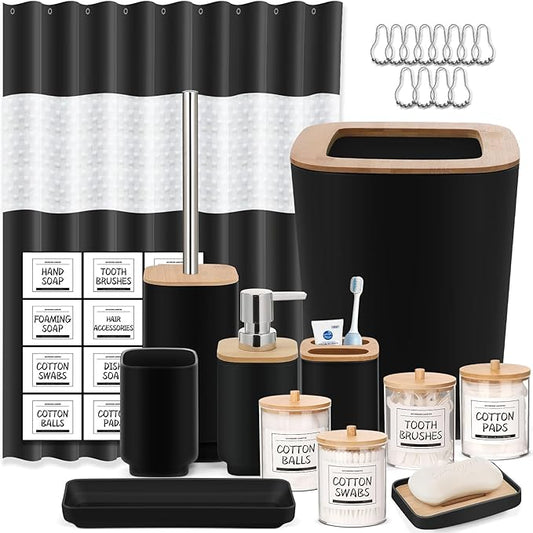 Bathroom Accessories Set,Black Bathroom Set,22 Pieces Bathroom Accessory Set with Shower Curtain,Trash Can for Bathroom Accessories Décor and Home Gifts
