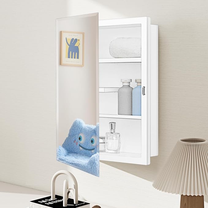 Fundin White Medicine Cabinet with 16 x 20 Beveled Mirror & Adjustable Staggered Shelves, Recessed or Surface Mount Bathroom Medicine Cabinet