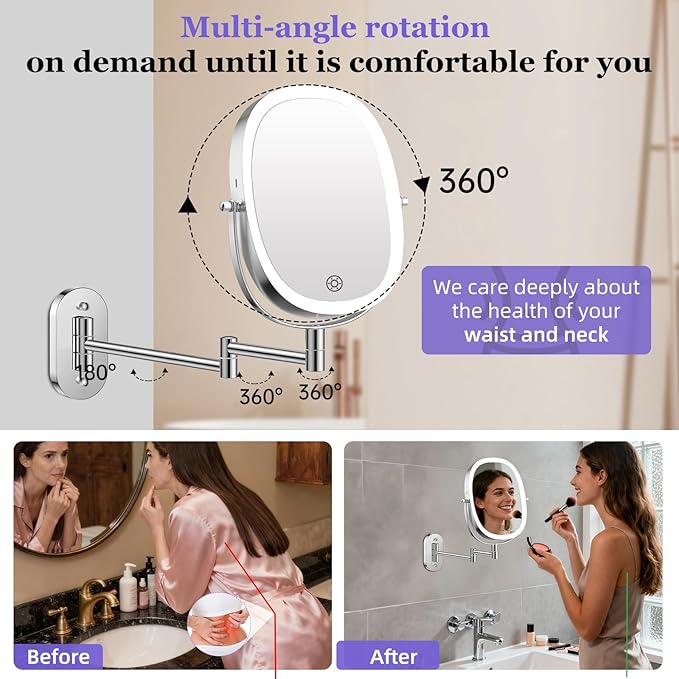 FUNTOUCH 30X/1X Wall Mounted Lighted Makeup Mirror,5000mAh Rechargeable Double Sided Magnifying Bathroom Lighted Mirror, 3 Color Modes Touch Dimmable Extended Arm 360 Rotation, Chrome