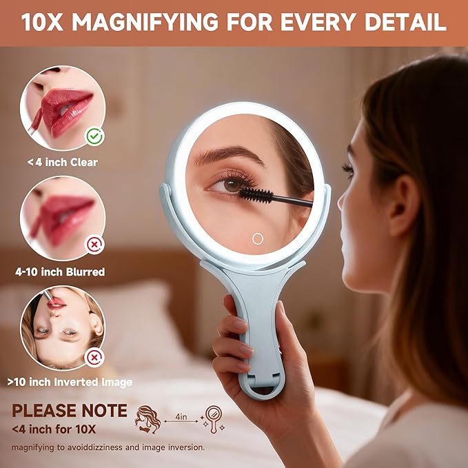 Hasipu Portable Travel Makeup Mirror with Lights – 360° Rotating with 1X/10X Magnifying, Rechargeable Tabletop Handhold Hanging 3 in 1 Mirror (Blue)
