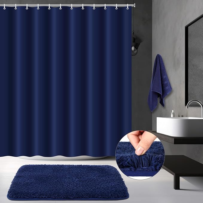 Fanfanwin 3 Pcs Bathroom Curtain Sets with Shower Rug and Towel Waterproof Shower Curtain Non Slip Bathroom Rug Bath Mat Soft Hand Towel with 12 Hooks for Hotel Decor(Navy Blue)