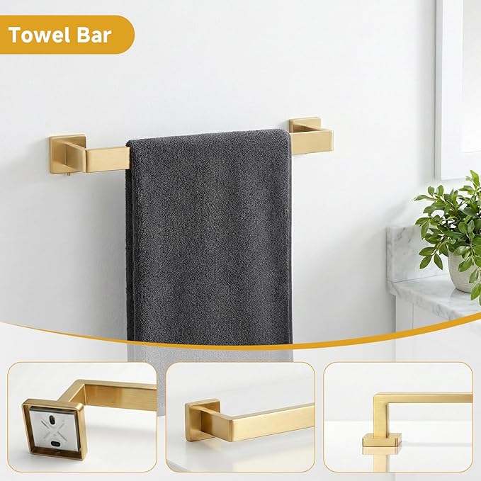 5-Piece Brushed Gold Bathroom Accessory Set, 16 Inch Bathroom Hardware Set, Towel Racks for Bathroom, SUS304 Stainless Steel Wall Mounted Bath Towel Bar Set