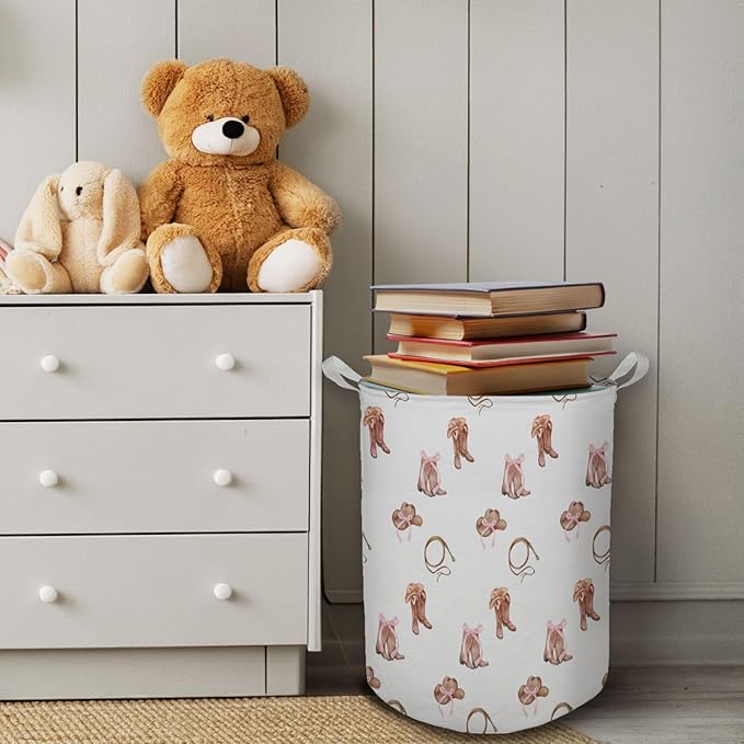 Western Rodeo Bow Cowgirl Laundry Basket, Toybox for Girls Room, Western Laundry Basket Hamper Waterproof Collapsible Clothes Toys Storage Bin Organizer for Bedroom Bathroom Girls Room Dorm