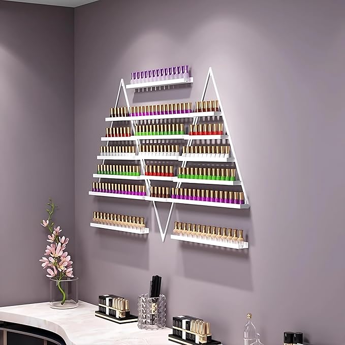 Wall-Mounted Nail Polish Rack, Set of 6 Triangular White Nail Polish Shelf Lipstick Perfume Cosmetic Display Shelf for Home Spa Nail Salon Shop