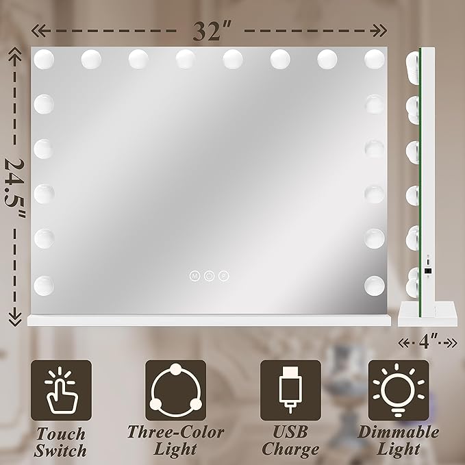 FENNIO Hollywood Vanity Mirror with Lights 32x24.5 Large Lighted Mirror Makeup Mirror with 18 Dimmable LED Bulbs and 10X Magnification 3Color Lighting USB Charging Port for Vanity Desk Tabletop