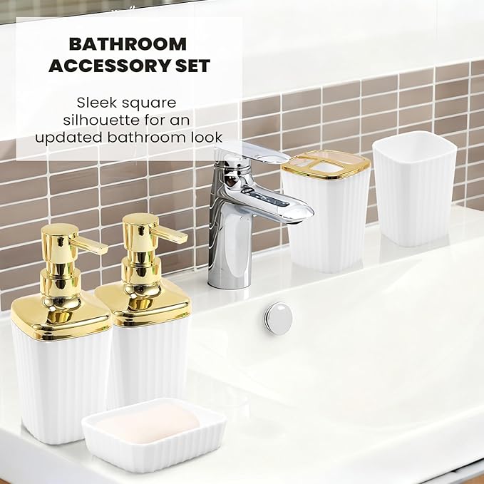 XLHOMO 9-Piece White Bathroom Accessories Set - Minimalist Matte Stripe Set with Slim Press-Top Trash Can, Soap Dispenser & Toothbrush Holder - Aesthetic Apartment Essentials