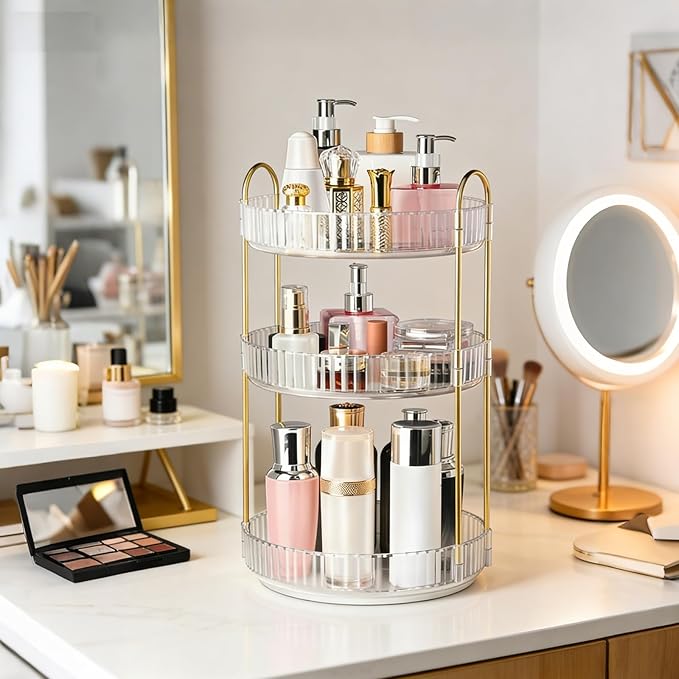 360° Rotating Makeup Organizer, 3 Tier Large Capacity Perfume Storage, Spinning Cosmetic Holder for Vanity Dresser, Skincare Display Stand for Bathroom Countertop