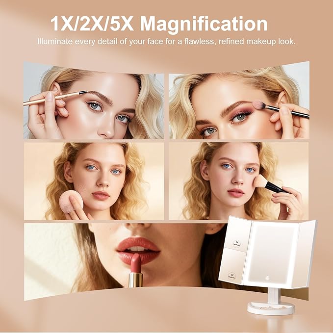 S'bagno LED Makeup Mirror with Lights, 1X/2X/5X Magnification, 3 Color Dimmable LED Modes, 270° Rotation, Trifold Vanity Mirror for Travel, Skincare & Grooming