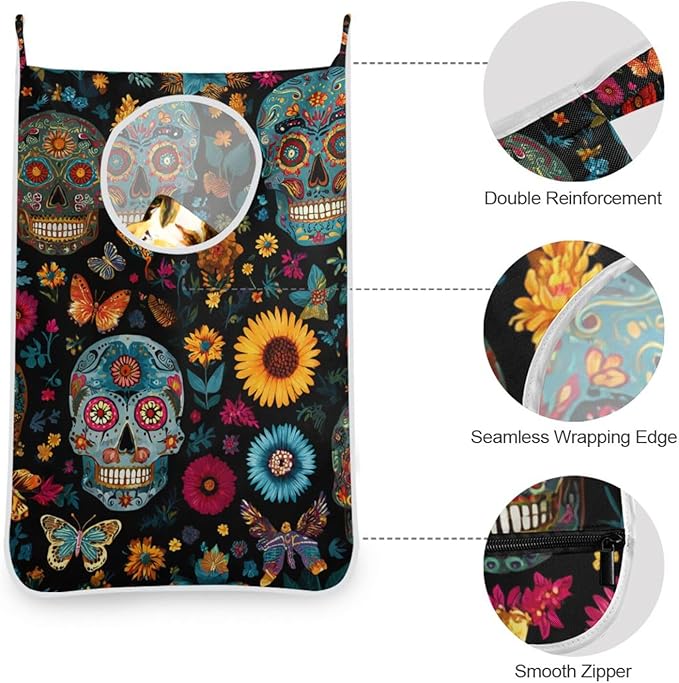 Mexican Skulls and Flowers Hanging Laundry Hamper Door Hampers Bag Basket with Stainless Steel Hooks Oxford Fabric Printing Decorative Clothes Bags 29.5X20inch 1Pack