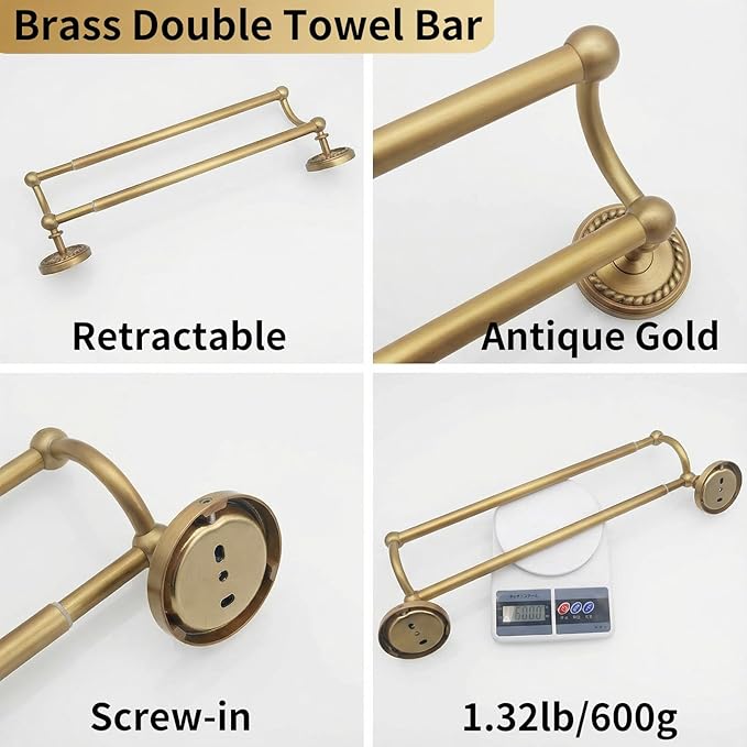 Double Towel Bar, Antique Brass Bathroom Towel Racks Wall Mounted, Adjustable Gold Towel Bar Fits 14-25 Inch Centers, Heavy Duty Rustproof Brass Towel Rod Holder for Bath