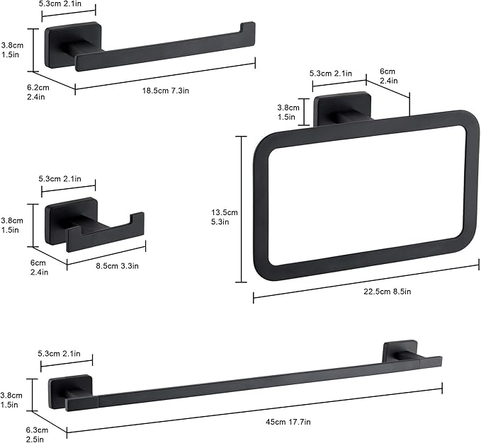 GERUIKE 4 Piece Bathroom Hardware Accessories Set,Matt Black Stainless Steel Towel Bar Sets Wall Mounted - Includes 18" Towel Bar, Square Towel Ring, Toilet Paper Holder, Robe Towel Hook