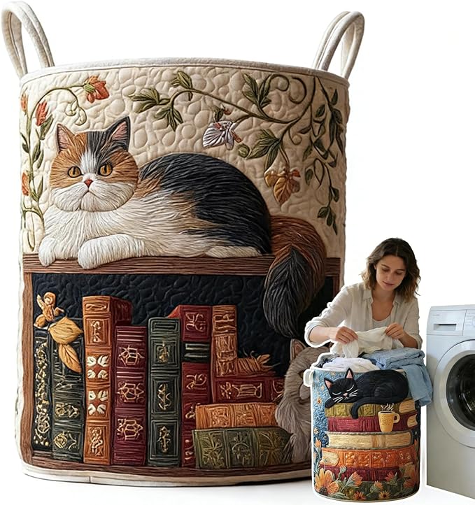 Cat Quilted Laundry Basket - 18"/22"/28", 2026 Large Quilted Cat Laundry Basket with Handles, Cozy Cat Fabric Storage Hamper for Nursery, Bedroom, Laundry Room, Clothes & Toys (3, S 14"X18")