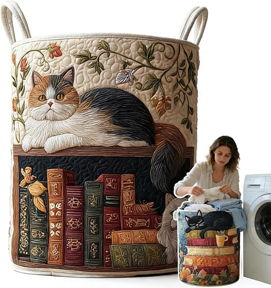 Cat Quilted Laundry Basket - 18"/22"/28", 2026 Large Quilted Cat Laundry Basket with Handles, Cozy Cat Fabric Storage Hamper for Nursery, Bedroom, Laundry Room, Clothes & Toys (3, S 14"X18")