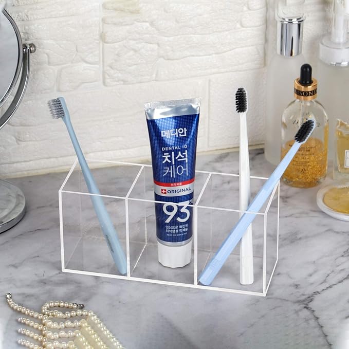 weddingwish Acrylic Pen Holder Clear Pencil Holder 3 Slot Pencil Organizer Cup for Desk Pencil Cup Stationery Organizer for Office Accessory, Cosmetic Storage, Vanity Organizer Bathroom, Dorm