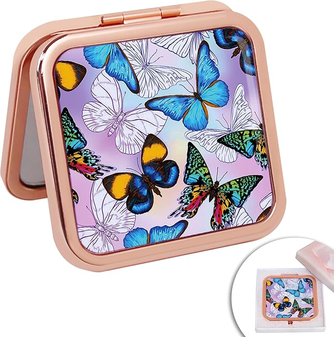 Compact Mirror for Purse, Double-Sided 1X/2X Magnifying Metal Pocket Makeup Mirrors(Square, Rose Gold Butterfly)