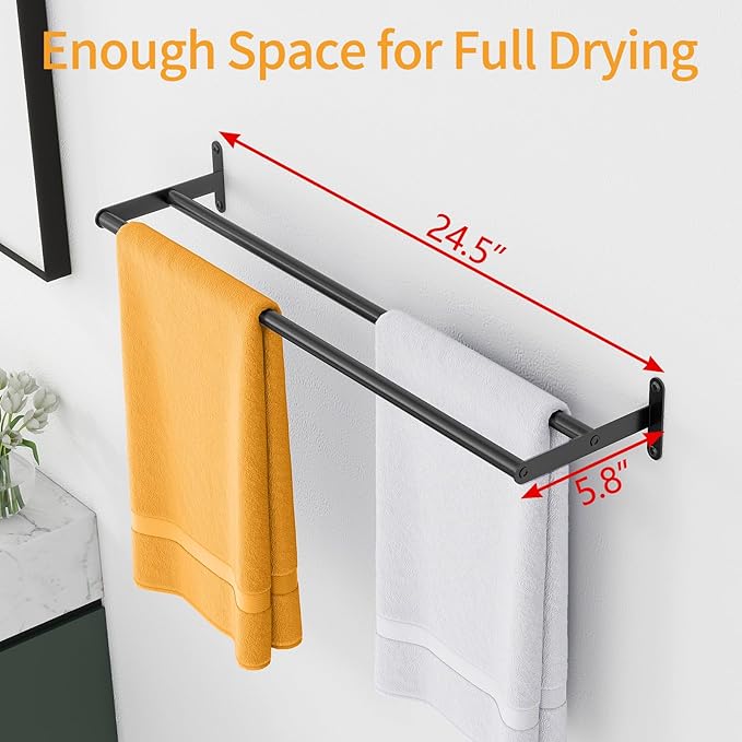 Double Towel Bar, MKO 24Inch Towel Racks for Bathroom, Black Double Bath Towel Bar for Bathroom Wall, Heavy Duty, Stainless Steel