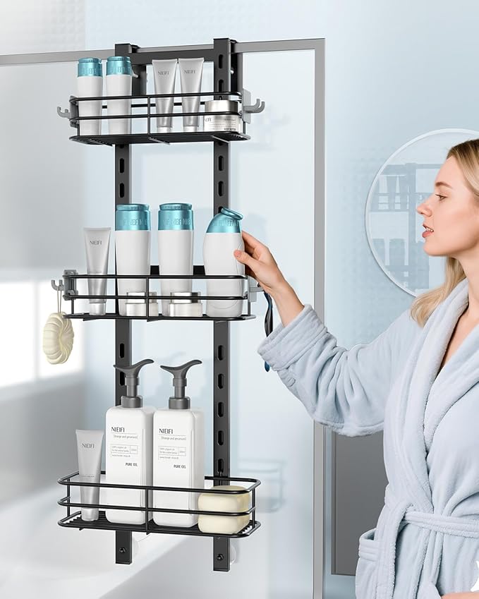 Nieifi Over The Door Shower Caddy Pantry Organizer Rack with Reliable Hooks, Sturdy Hanging Shower Organizer Shelf Basket Storage Rack, Bathroom Shelves Drill Free Extra Large, Black
