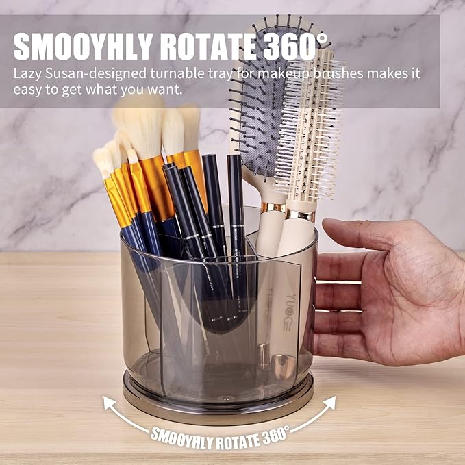 Makeup Brush Holder Organizer -Rotating 360?? Clear Storage Cup Containers for Vanity, Desk, Countertop, Spinning Pen Holder for Desk, Round Make up Brush Stand with 5 Slots, for Cosmestics (Grey)
