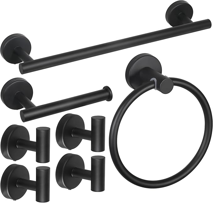 7Pcs Matte Black Bathroom Hardware Set - SUS Towel Racks for Bathroom Wall Mounted, Modern Accessories Includes 15.7 Inch Towel Bar & Ring, Toilet Paper Holders, Robe Hook - Need Drilling