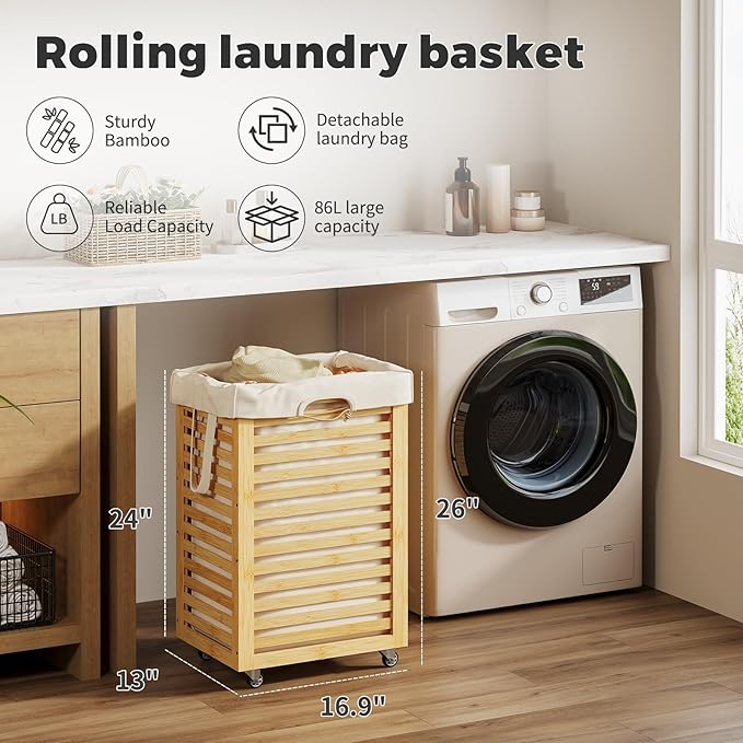 Laundry Hamper with Wheels,Rolling Laundry Basket with Removable Bag,Bamboo Clothes Hampers with Handles for Clothing, Bathroom, Bedroom, Laundry Room (Natural)