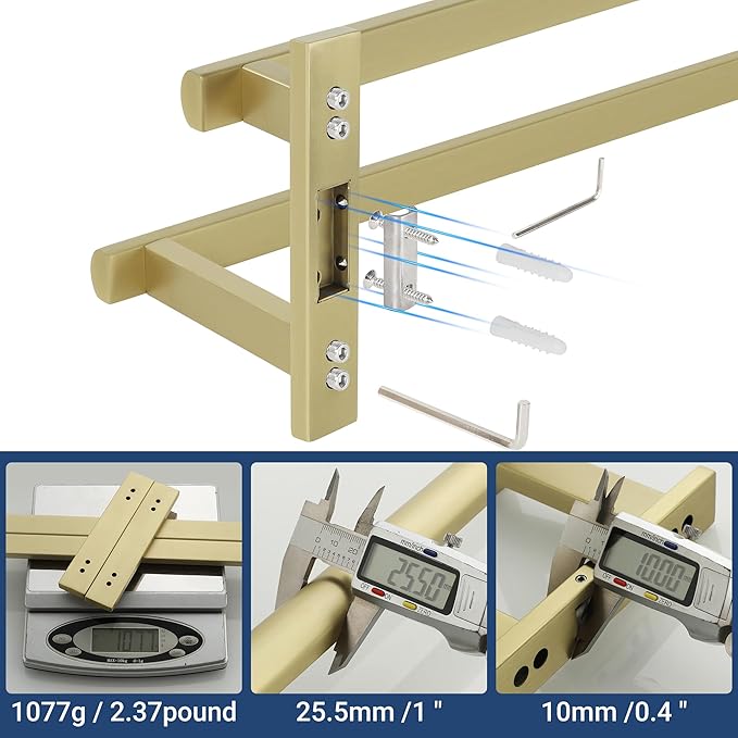 SAYAYO Double Towel Bar for Bathroom, 31.5 Inch Brushed Gold Bath Towel Rack Towel Holder Wall Mounted, SUS304 Stainless Steel