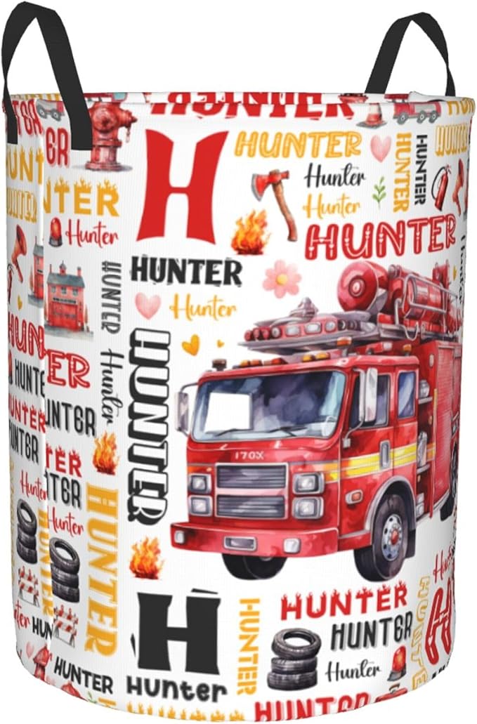 Personalized Fire Truck Laundry Basket For Baby Kids Boys Girls Adult Custom Hamper Basket With Name For Bathroom Bedrooms Collapsible Baby Laundry Basket, Dirty Clothes Hamper With Handles