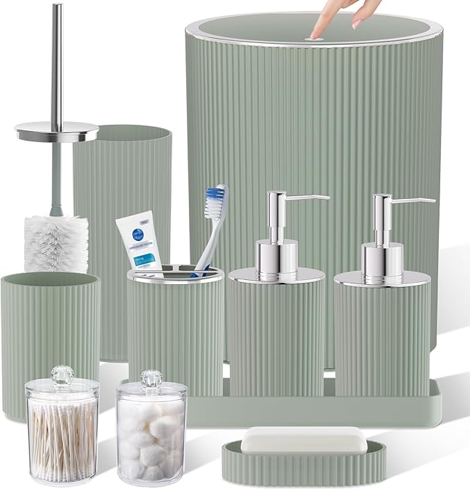 Sage Green Bathroom Accessories Set, 10PC Bathroom Set, Bath Accessory with Pop Up Trash Can, Soap Dispenser, Toilet Brush, Toothbrush Set Qtip Holders & Tray