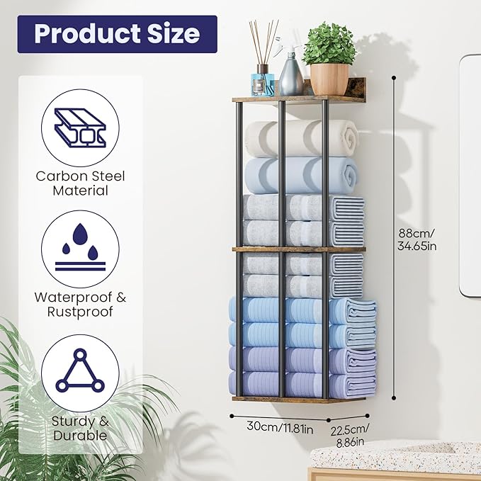 34 Inch Bathroom Towel Rack with Shelf – Modern Towel Holder for Bathroom Wall Mounted, Holds 6 Large Bath Towels, Rolled Towel Organizer for Bathroom, Laundry Room, and Small Space Storage, 3-Tier