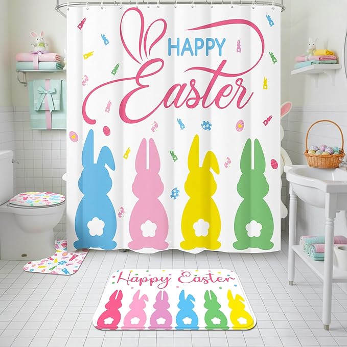 Remagr 4 Pcs Easter Shower Curtain Set for Bathroom Easter Bathroom Curtain Include Bunny Shower Curtains Non Slip Rug Toilet Lid Cover U Shaped Bath Mat and 12 Hooks for Home Indoor Decor