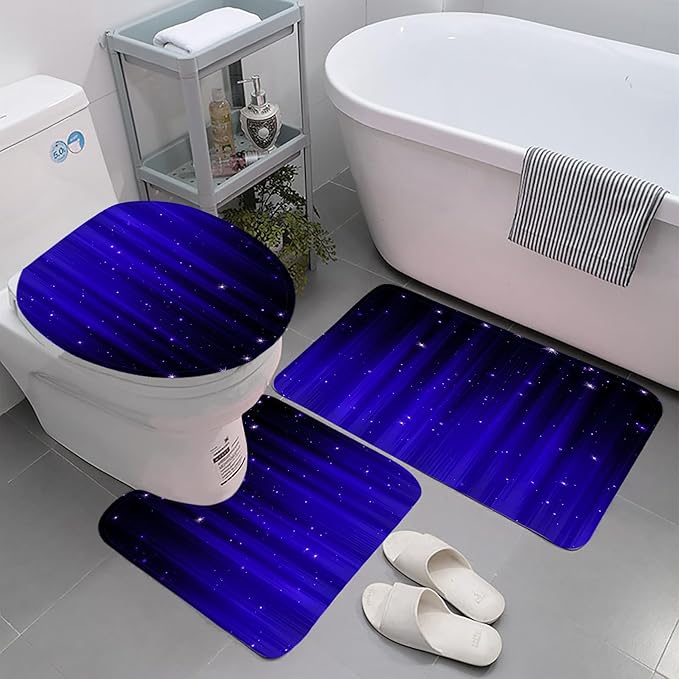 Yddsky 4 Pcs Blue and Black Shower Curtain Sets Non-Slip Rugs Bath Mat Toilet Cover, U-Shaped Mat, Gradient Shower Curtain with 12 Hooks, Modern Abstract Bathroom Set Bathroom Decor