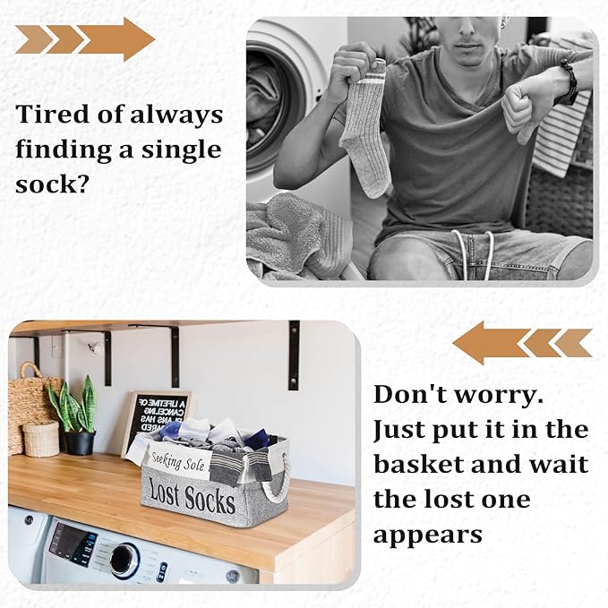2 Pack Lost Socks Basket for Laundry Room, Fabric Missing Sock Holder for Single Sock Organization, Collapsible Lost Socks Bin Stockings Container, Farmhouse Laundry Room Decor and Accessories