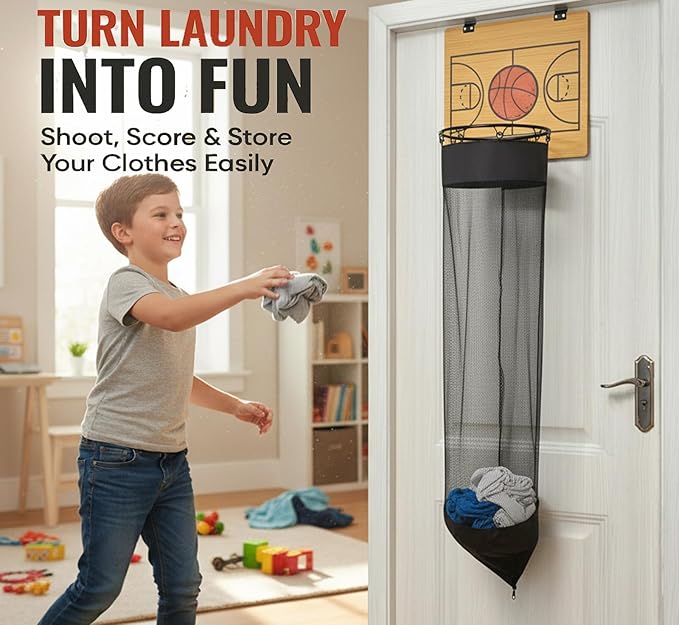 Oversized Basketball Laundry Hamper with Wooden Backboard – Over the Door Basketball Hoop Laundry Basket for Dirty Clothes, Boys Room Organizer & Fun Clothes Hamper (Wood)