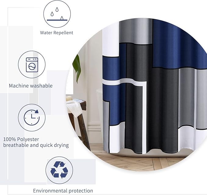 Shower Curtain Set with Hooks Blue and White Shower Curtain for Bathroom Fabric Grey Geometric Bath Curtains Decorative Gray Water Repellent, 60x72, Navy Blue
