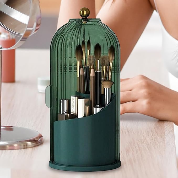Multi-function Rotating Bird Cage Toiletries Storage Rack ?€? Makeup Organizer, Brush Holder | Transparent Dust-proof Box, 360 Rotating Design for Dressing Tables, Desktops, Bathroom Countertops