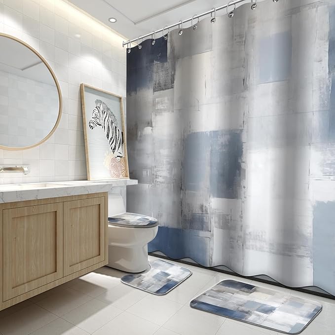 Lnond 4Pcs Bathroom Shower Curtain Sets with Rugs,Blue Grey Abstract Bathroom Sets with Shower Curtain and Rugs and Accessories