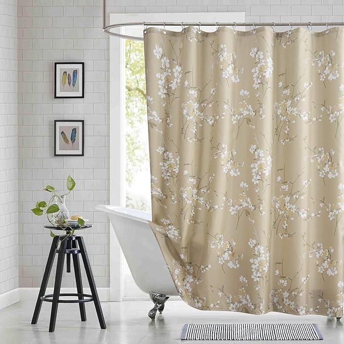 Long Fabric Shower Curtain, Beige Gold Floral Flower Shower Curtains for Bathroom, Waterproof Bathroom Curtains, 78" W x 78" H