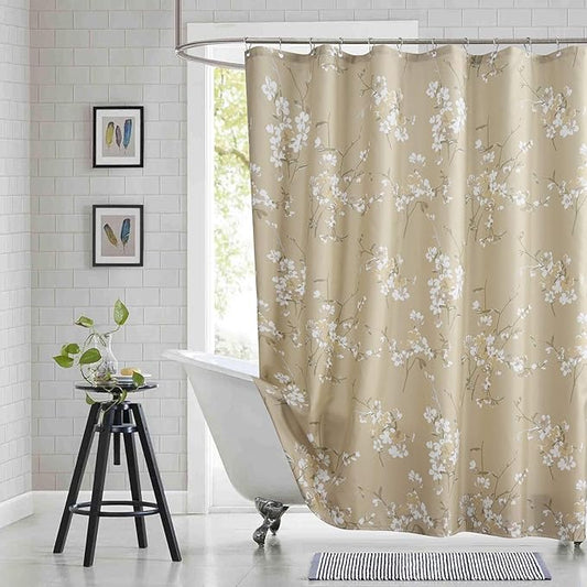 Long Fabric Shower Curtain, Beige Gold Floral Flower Shower Curtains for Bathroom, Waterproof Bathroom Curtains, 78" W x 78" H
