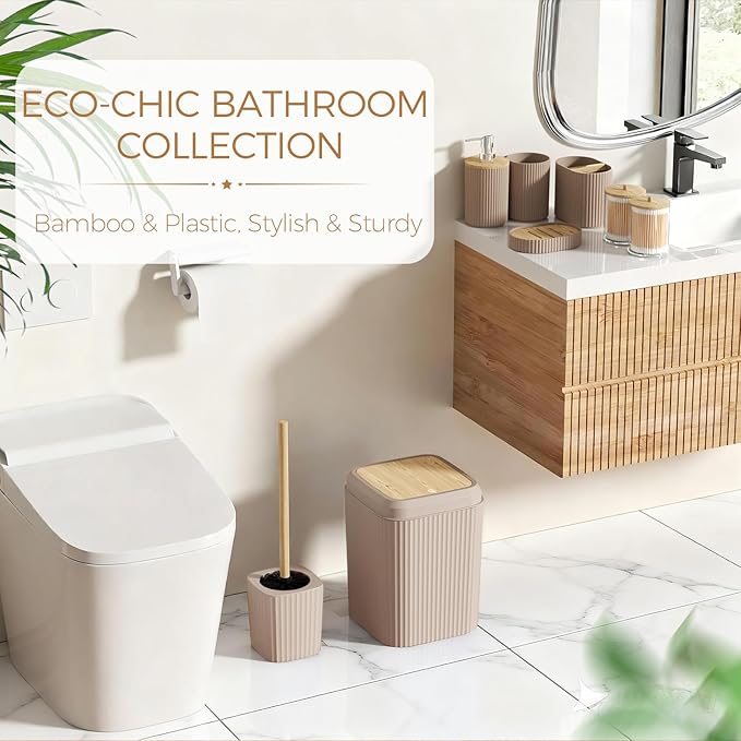 Bathroom Accessories Set - Unbreakable Beige Bathroom Set, Trash Can, Toilet Brush with Holder, Soap Dispenser, Toothbrush and Toothpaste Holder, Tumbler Cup, Soap Dish, Qtip Holder, Bamboo Decor