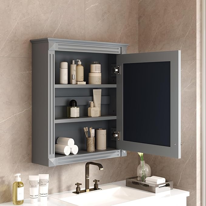 24'' x 27'' Wall Mounted Bathroom Storage Cabinet with Mirror, Medicine Cabinet with Height Adjustable Shelf, Over The Toilet Space