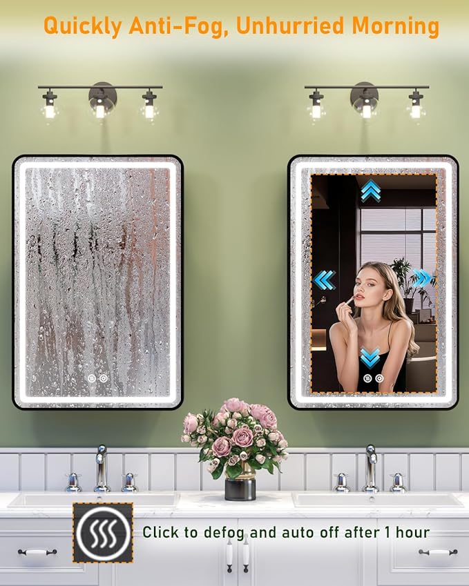 20x30 Inch LED Lighted Medicine Cabinet Mirror, Bathroom Mirror with Lights and Storage Wall Mounted & Recessed with Anti-Fog, Dimmable 3 Color Light with Memory, 3 Shelves & 1 Organizer Box, Black