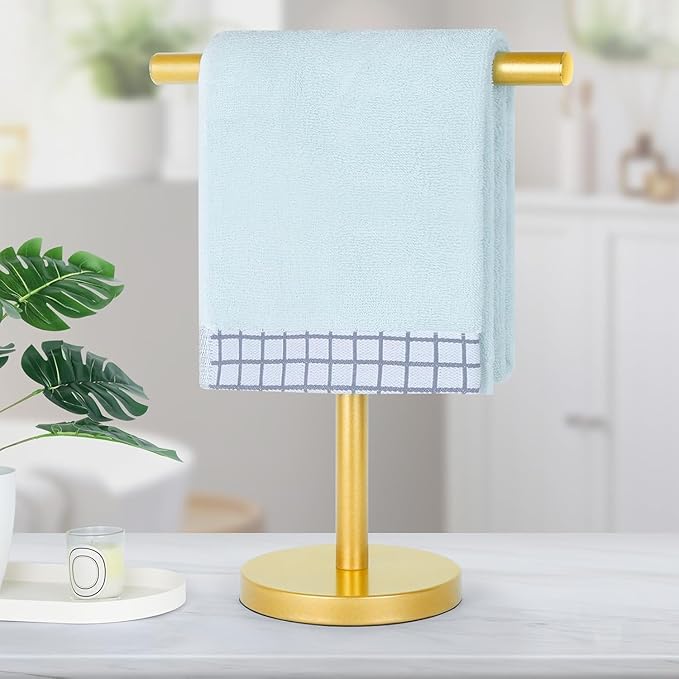 T-Shape Bath Hand Towel Holder Stand, Stainless Steel Free Standing Hand Towel Rack, for Bathroom Kitchen & Countertop, Golden, 2 Pack