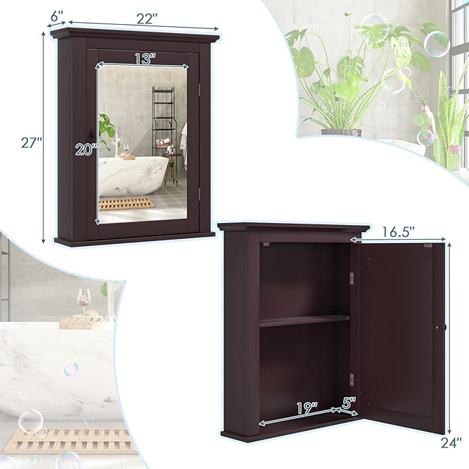 COSTWAY Bathroom Medicine Cabinet with Mirror, Wall-Mounted Storage Cabinet Organizer with 5-Position Adjustable Shelf, Hanging Bathroom Wall Cabinet for Living Room Bedroom Entryway (Brown)