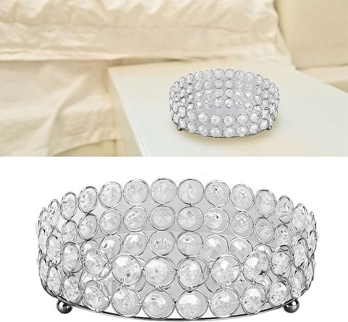 Crystal Cosmetic Makeup Tray 8in Round Display Tray Mirrored Metal Welded Structure for Food Perfume Jewelry Wine(Silver 20cm)