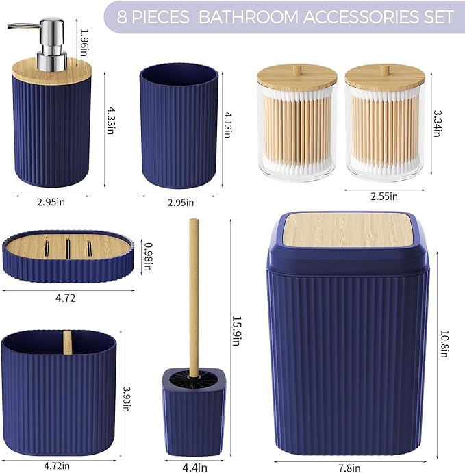 Bathroom Accessories Set - Unbreakable Navy Blue Bathroom Set, Trash Can, Toilet Brush with Holder, Soap Dispenser, Toothbrush and Toothpaste Holder, Tumbler Cup, Soap Dish, Qtip Holder, Bamboo Decor